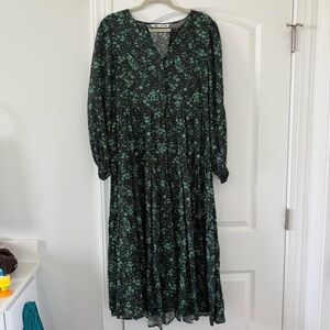 Zara Black and Green Floral Long Sleeve Maxi Dress